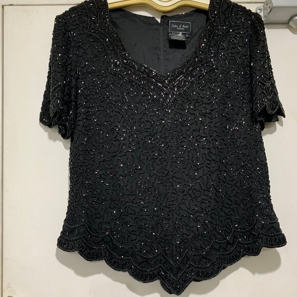 VINTAGE COTE d' AZUR SILK BEADED WAIST LENGTH SHORT SLEEVE BLOUSES SIZE L - Picture 2 of 8